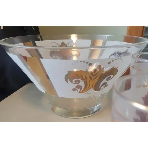 Libbey Gold Leaf Chip Bowl Vintage Serving Punch Frosted Glass Gold with 4 glass - Picture 6 of 12